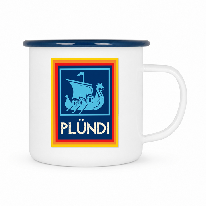 Plündi - Keramiktasse Emailletasse Weiß 12 oz – mit farbigem Rand - blau