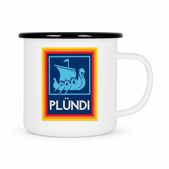 Plündi - Keramiktasse Emailletasse Weiß 12 oz – mit farbigem Rand - schwarz