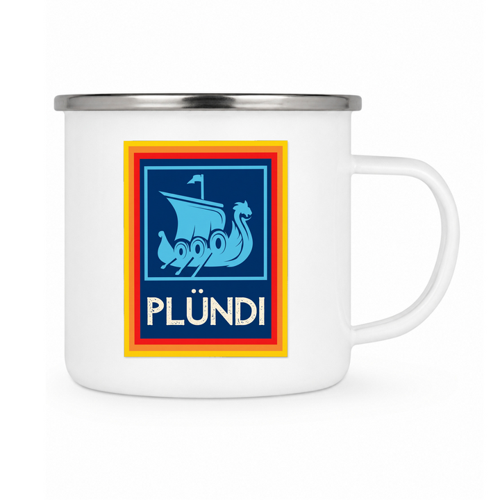 Plündi - Keramiktasse Emailletasse Weiß 12 oz – mit farbigem Rand - silber