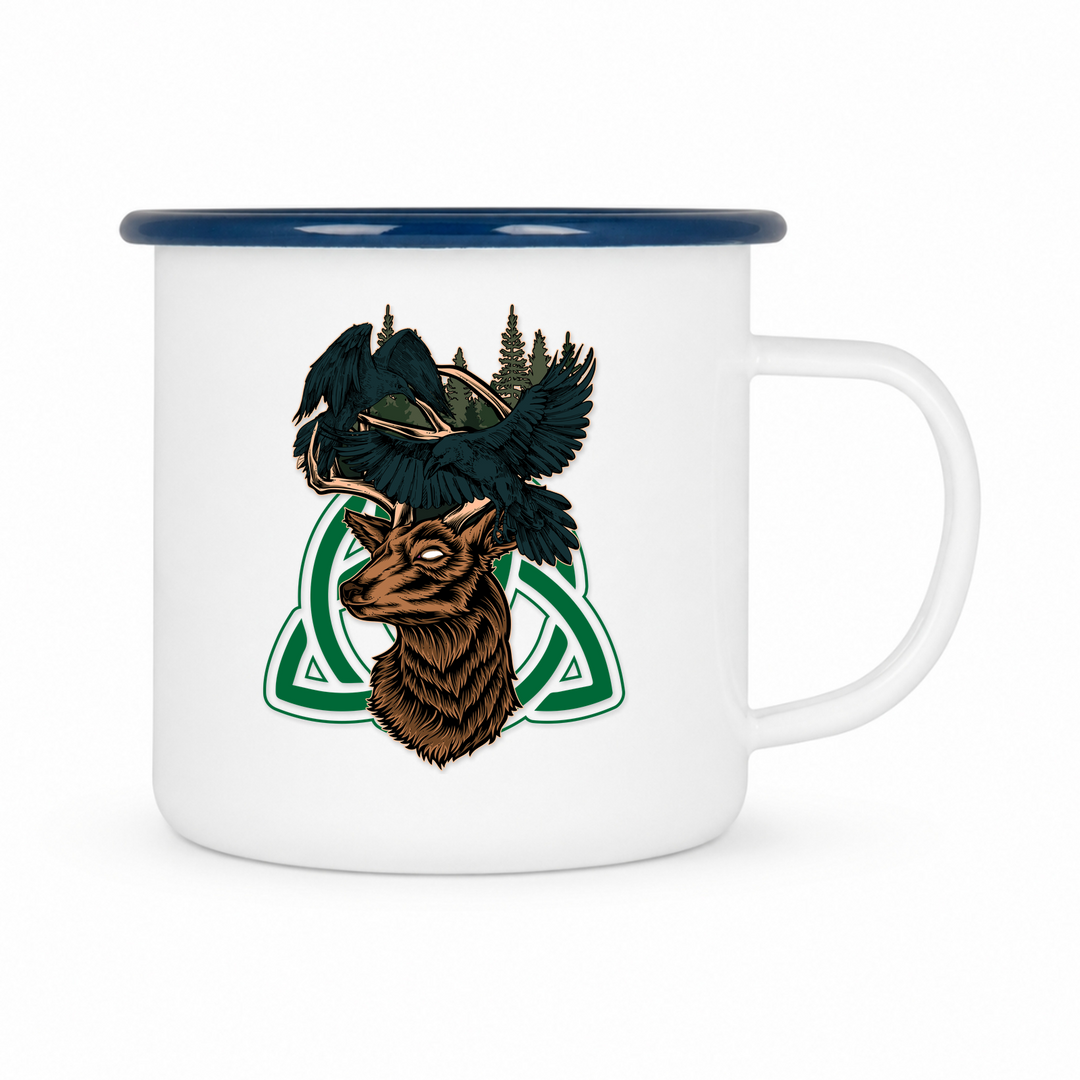 Hirsch Rabe - Keramiktasse Emailletasse Weiß 12 oz – mit farbigem Rand - blau