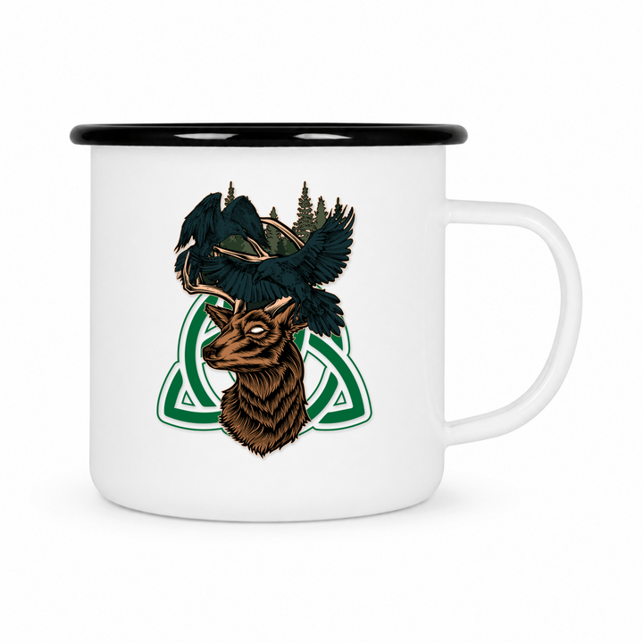 Hirsch Rabe - Keramiktasse Emailletasse Weiß 12 oz – mit farbigem Rand - schwarz