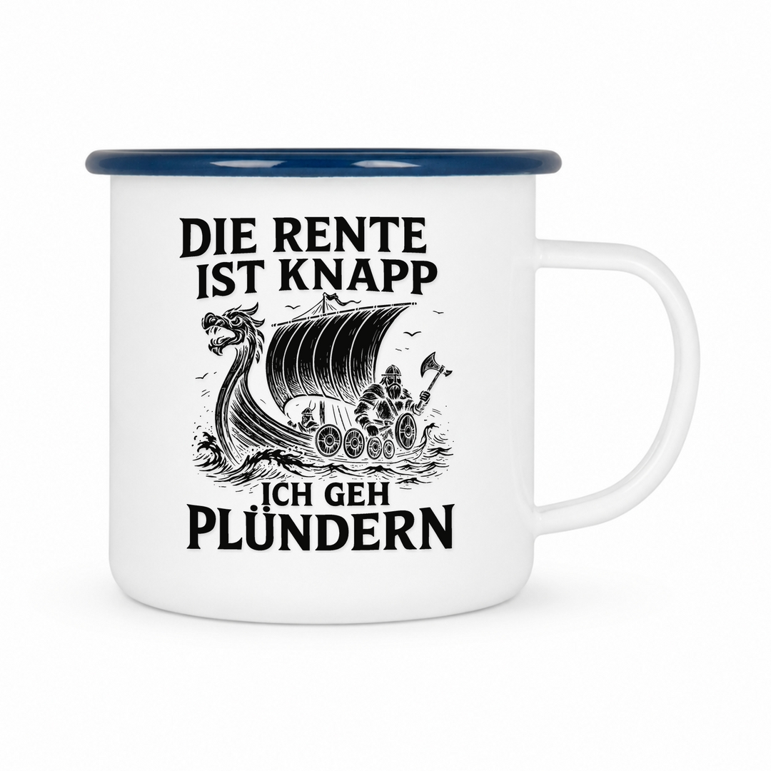 Die Rente ist Knapp - Keramiktasse Emailletasse Weiß 12 oz – mit farbigem Rand - blau