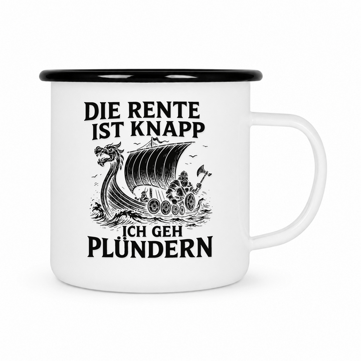 Die Rente ist Knapp - Keramiktasse Emailletasse Weiß 12 oz – mit farbigem Rand - schwarz