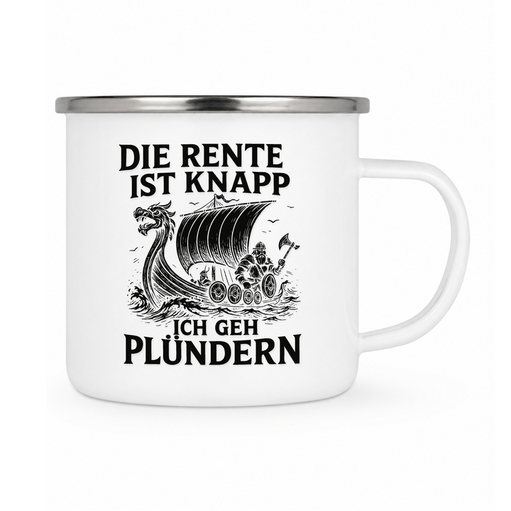 Die Rente ist Knapp - Keramiktasse Emailletasse Weiß 12 oz – mit farbigem Rand - silber