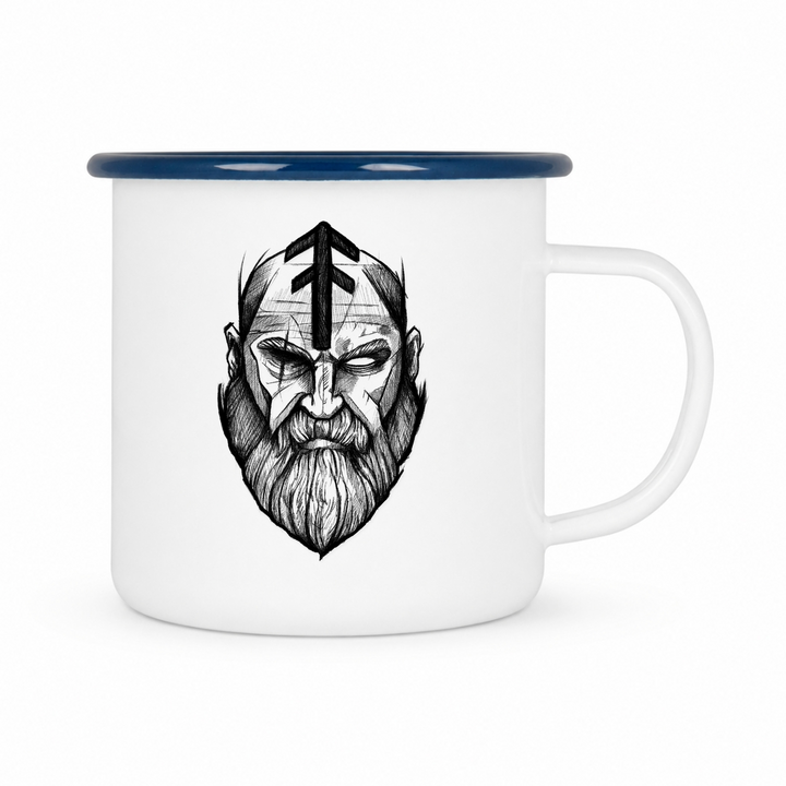 Odin - Keramiktasse Emailletasse Weiß 12 oz – mit farbigem Rand - blau
