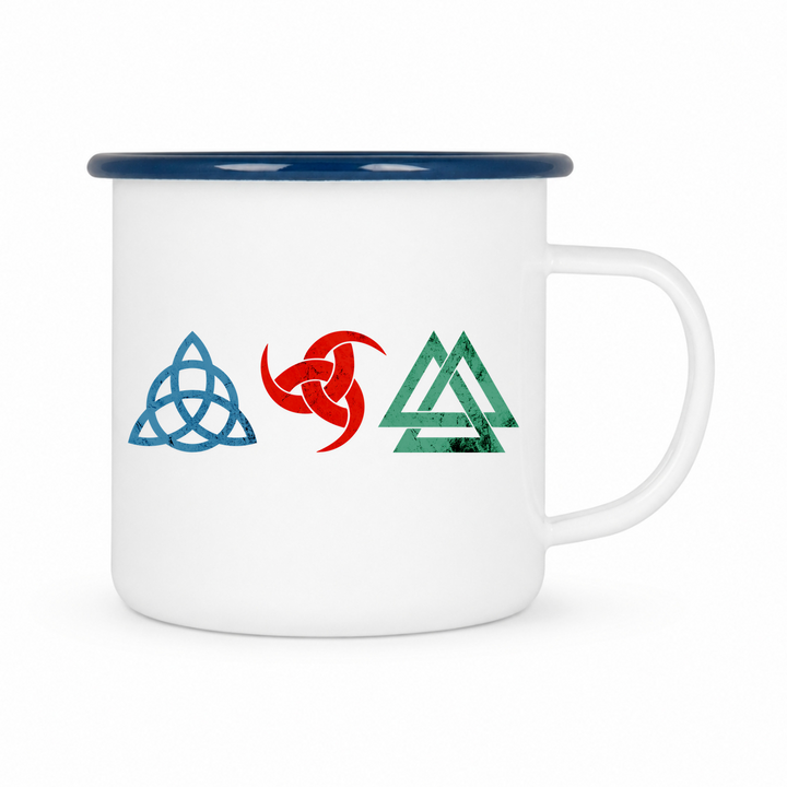 Wikinger Symbole - Keramiktasse Emailletasse Weiß 12 oz – mit farbigem Rand - blau
