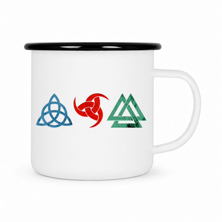 Wikinger Symbole - Keramiktasse Emailletasse Weiß 12 oz – mit farbigem Rand - schwarz