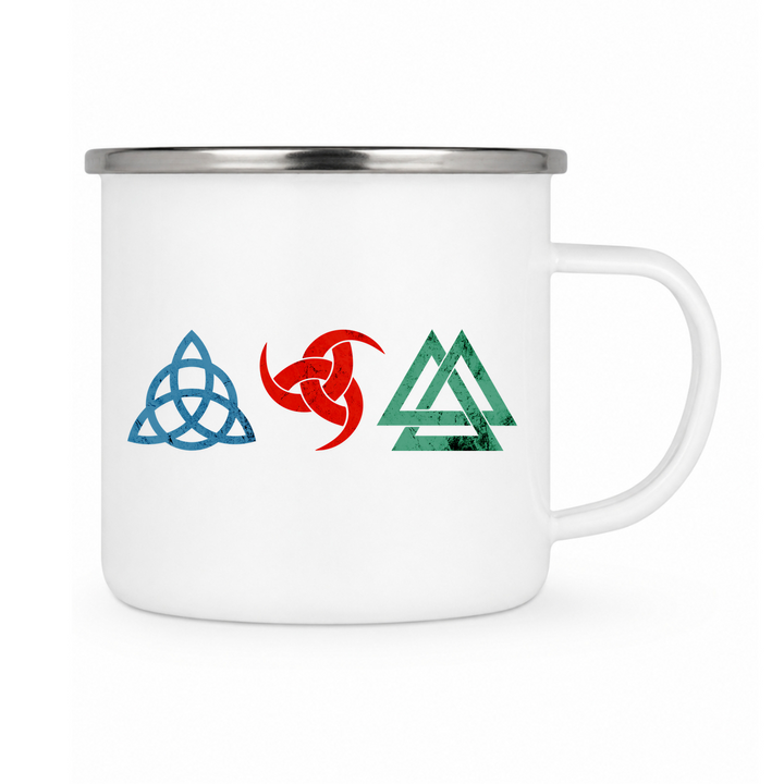 Wikinger Symbole - Keramiktasse Emailletasse Weiß 12 oz – mit farbigem Rand - silber