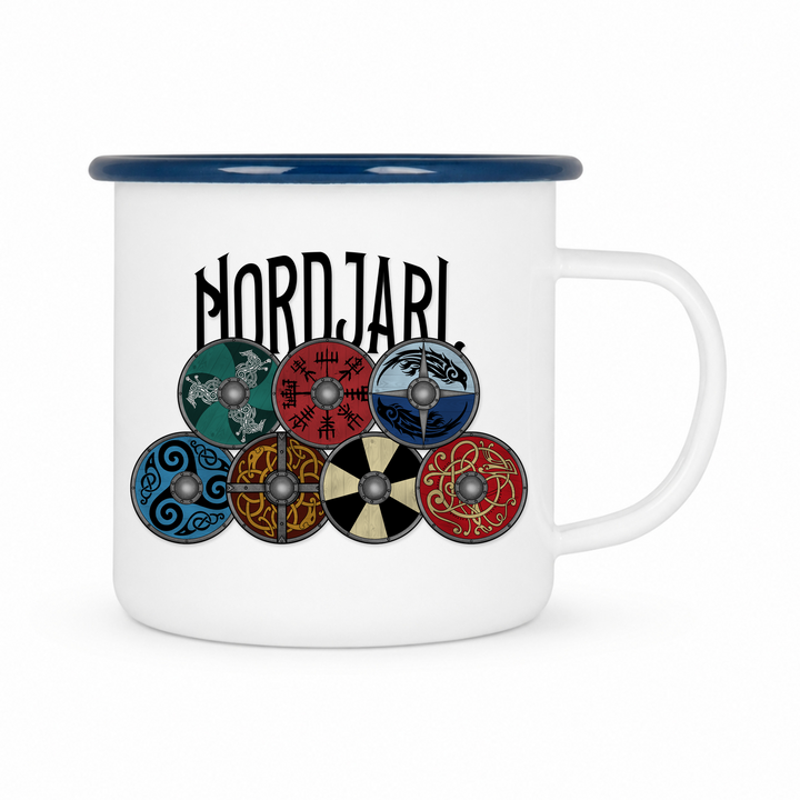 Nordjarl Schildwall - Keramiktasse Emailletasse Weiß 12 oz – mit farbigem Rand - blau