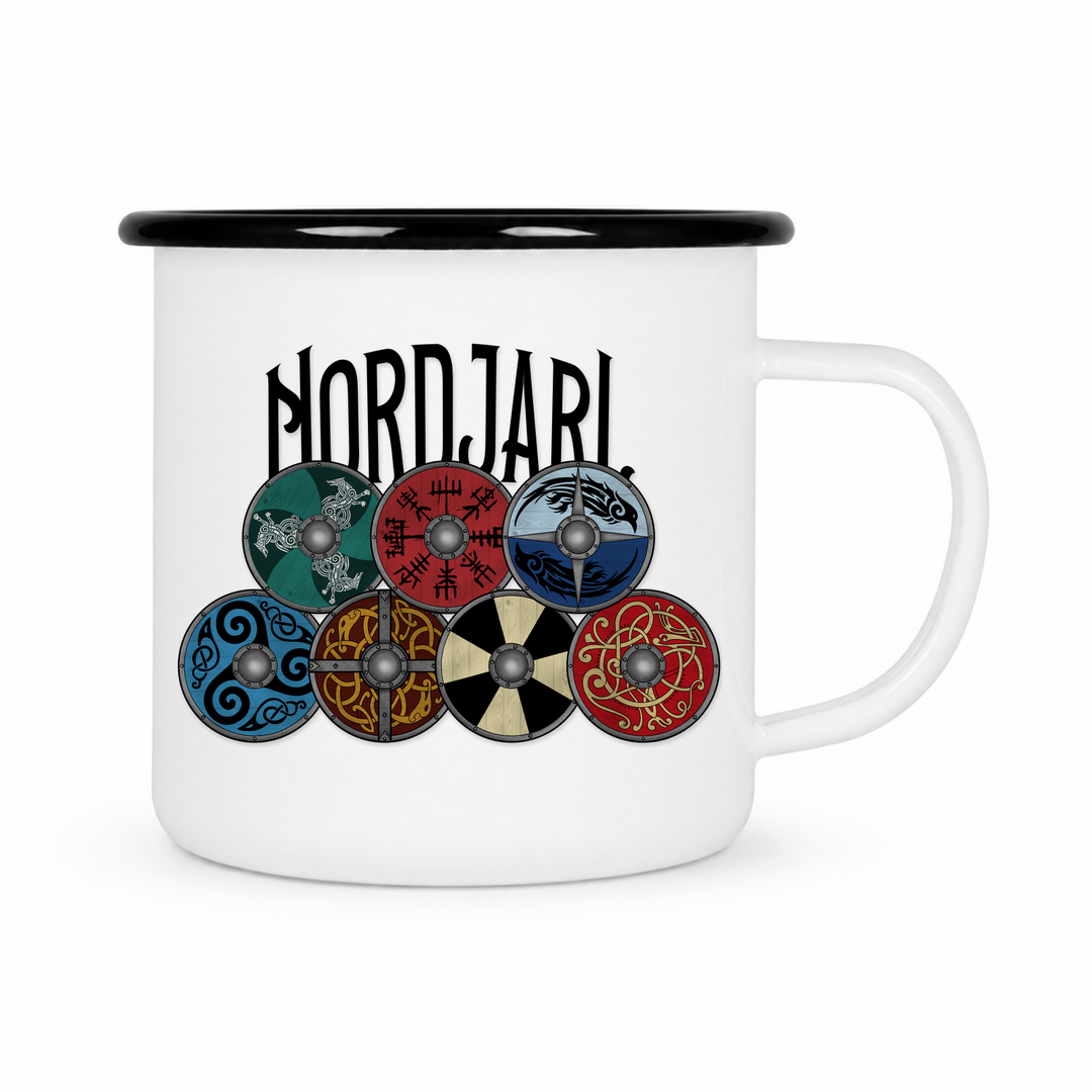 Nordjarl Schildwall - Keramiktasse Emailletasse Weiß 12 oz – mit farbigem Rand - schwarz