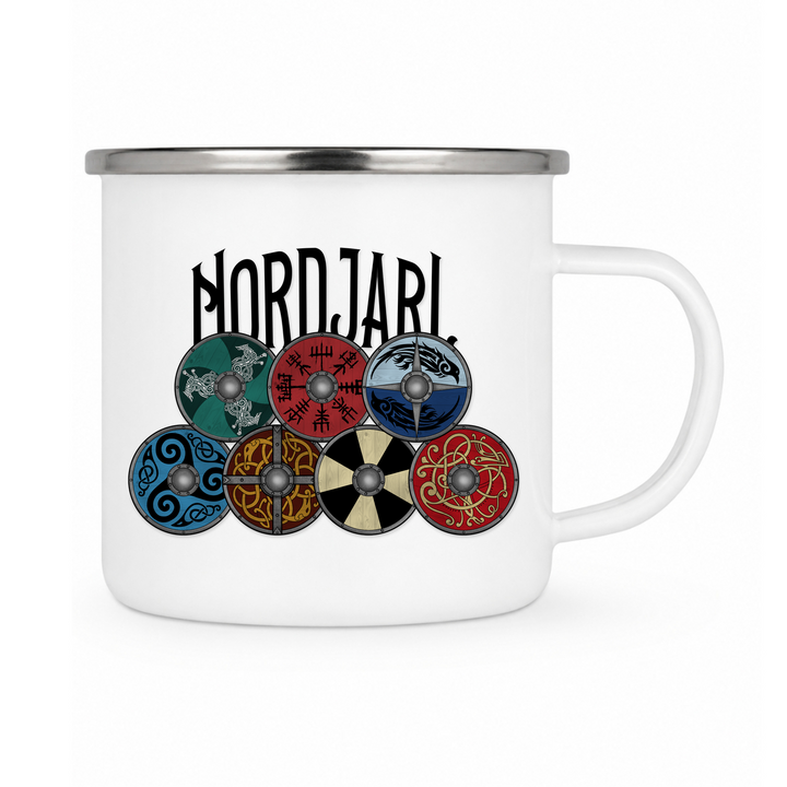 Nordjarl Schildwall - Keramiktasse Emailletasse Weiß 12 oz – mit farbigem Rand - silber