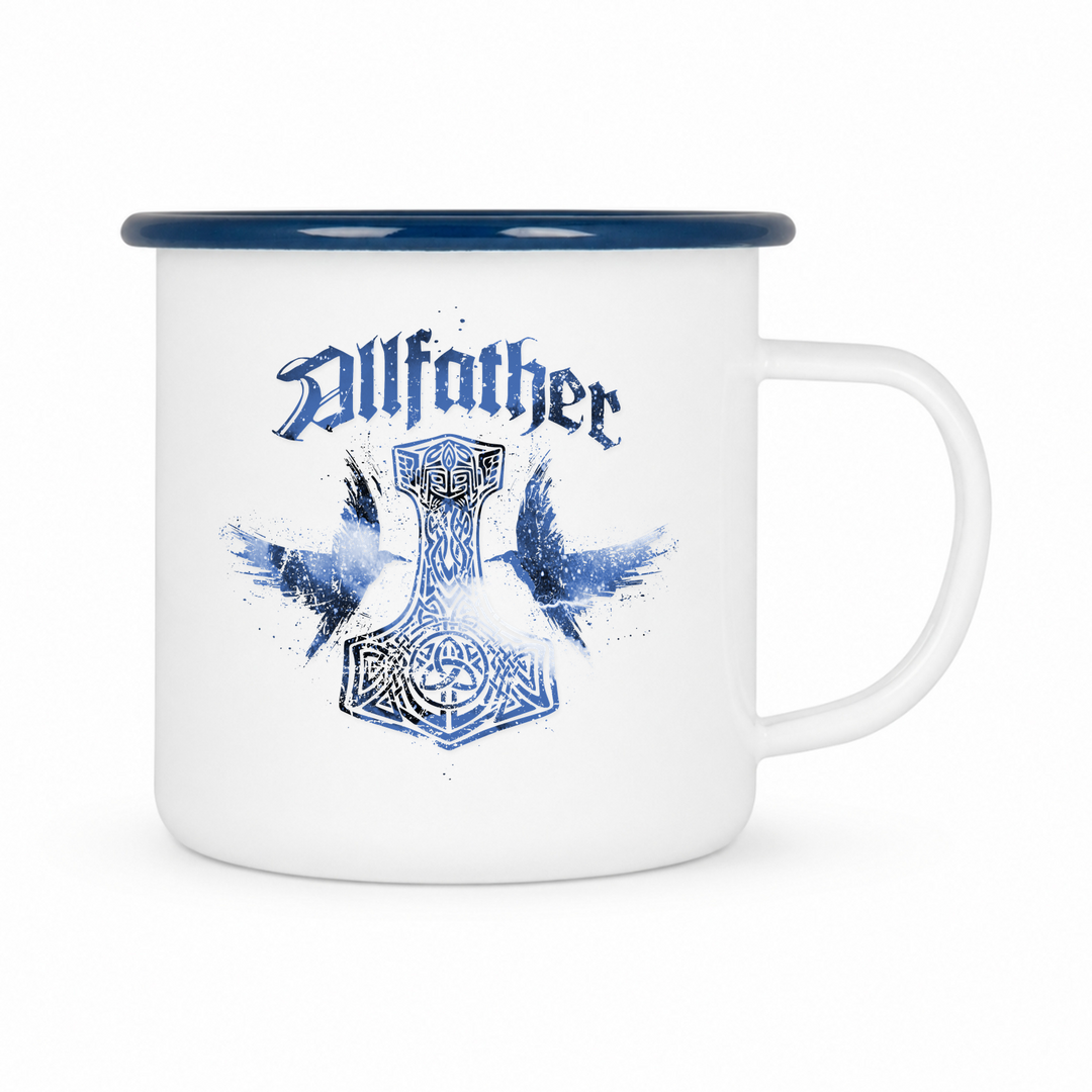 Allfather - Keramiktasse Emailletasse Weiß 12 oz – mit farbigem Rand - blau