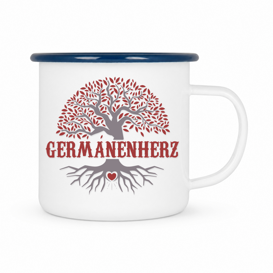 Germanenherz - Keramiktasse Emailletasse Weiß 12 oz – mit farbigem Rand - blau