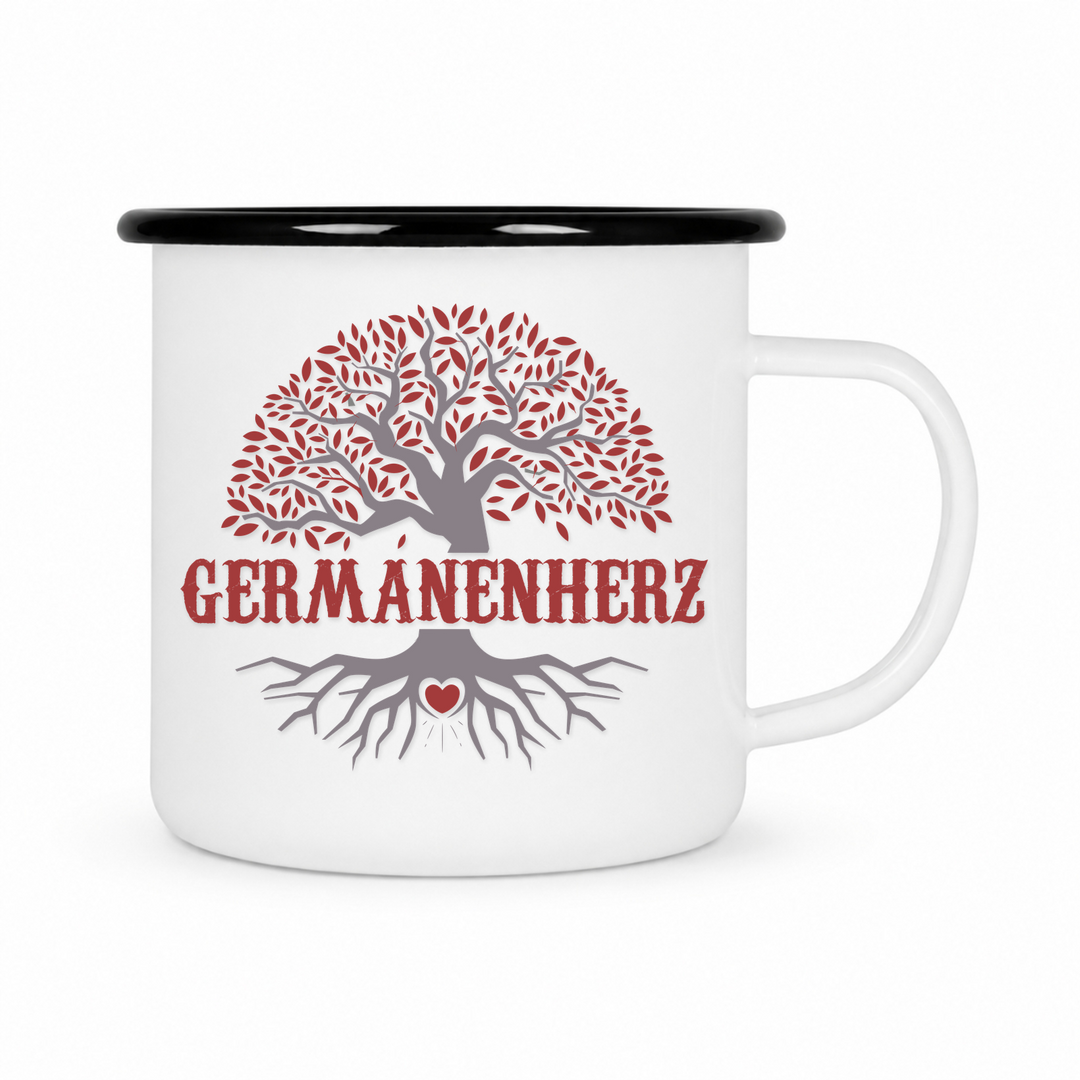 Germanenherz - Keramiktasse Emailletasse Weiß 12 oz – mit farbigem Rand - schwarz