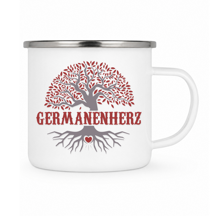 Germanenherz - Keramiktasse Emailletasse Weiß 12 oz – mit farbigem Rand - silber