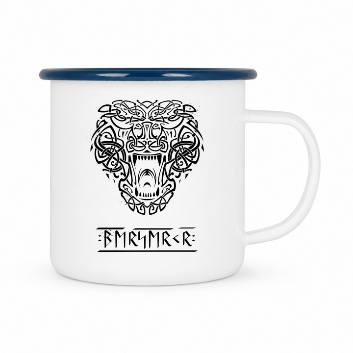 Bär Ragnarok - Keramiktasse Emailletasse Weiß 12 oz – mit farbigem Rand - blau