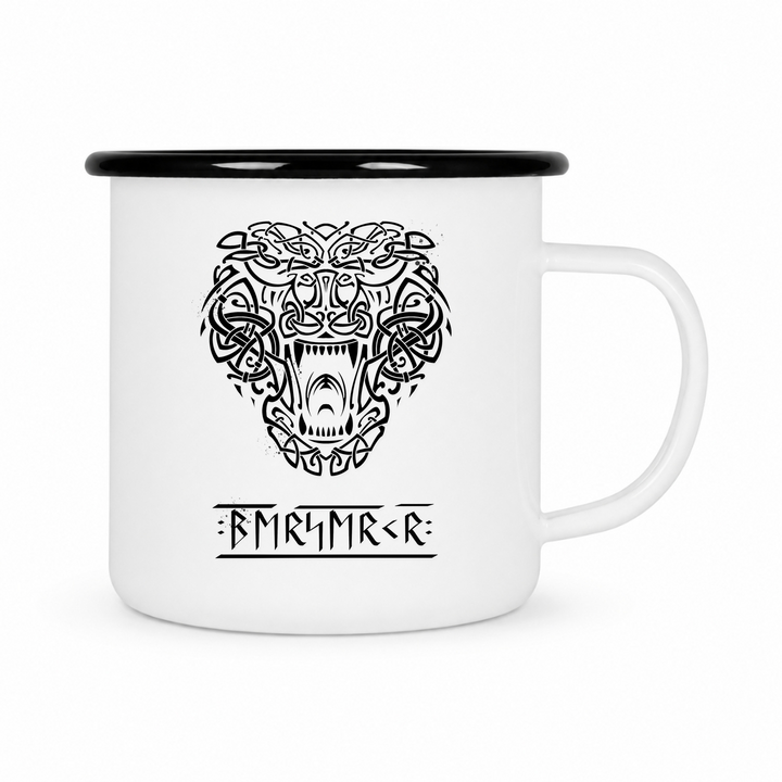 Bär Ragnarok - Keramiktasse Emailletasse Weiß 12 oz – mit farbigem Rand - schwarz