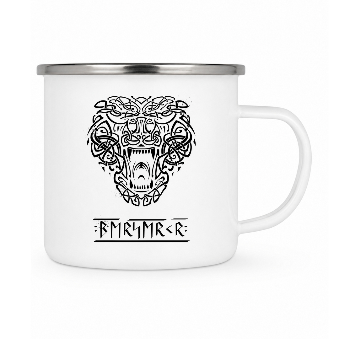Bär Ragnarok - Keramiktasse Emailletasse Weiß 12 oz – mit farbigem Rand - silber
