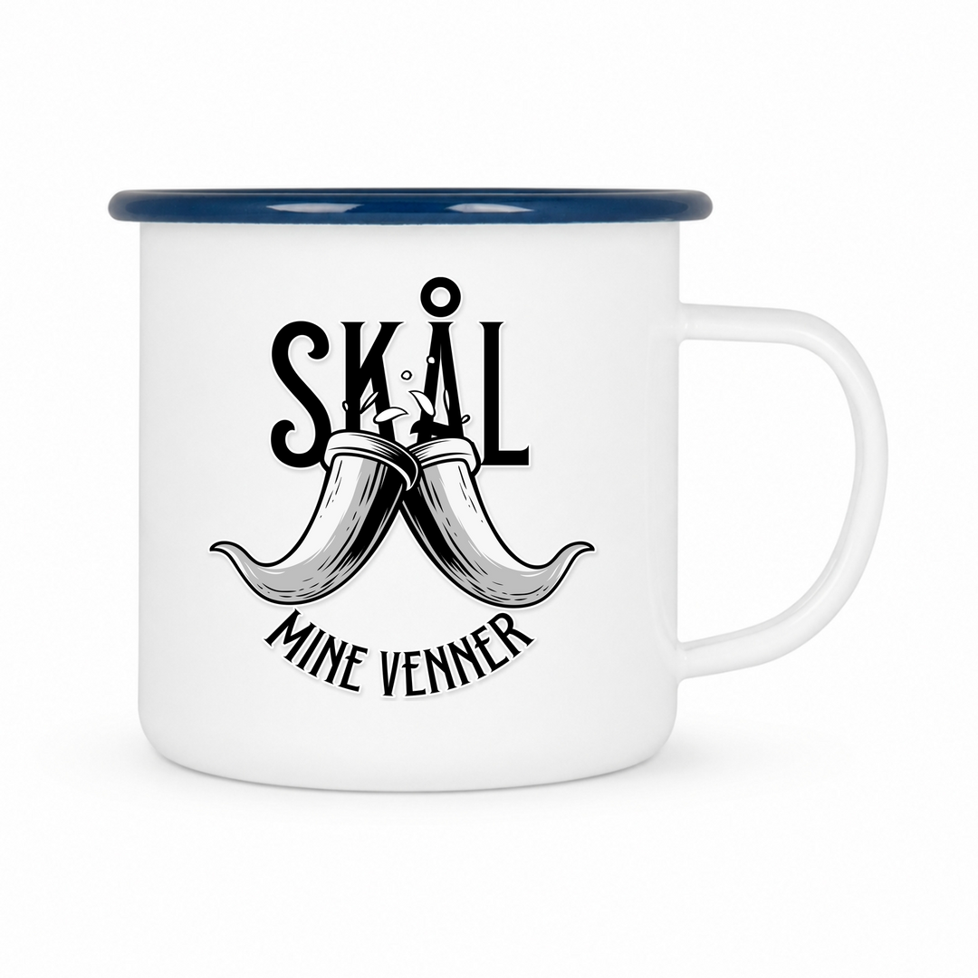 Skal Mine Venner  - Keramiktasse Emailletasse Weiß 12 oz – mit farbigem Rand - blau
