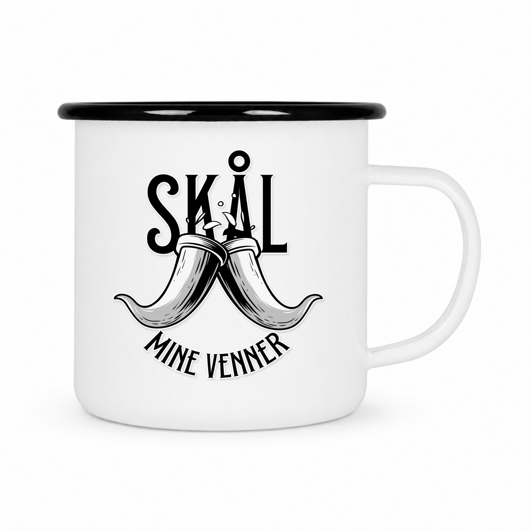 Skal Mine Venner  - Keramiktasse Emailletasse Weiß 12 oz – mit farbigem Rand - schwarz