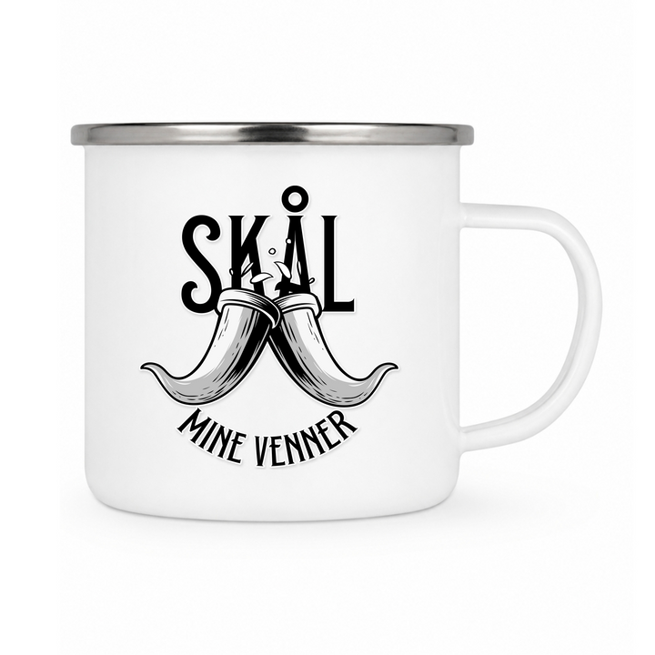 Skal Mine Venner  - Keramiktasse Emailletasse Weiß 12 oz – mit farbigem Rand - silber