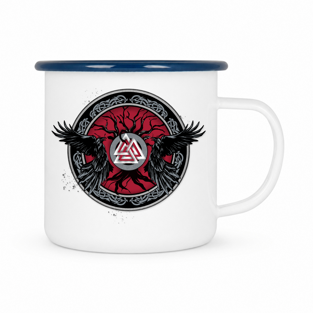 Raben Valknut - Keramiktasse Emailletasse Weiß 12 oz – mit farbigem Rand - blau