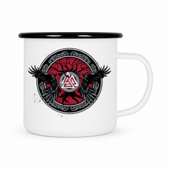 Raben Valknut - Keramiktasse Emailletasse Weiß 12 oz – mit farbigem Rand - schwarz