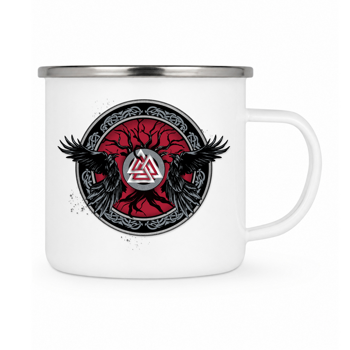 Raben Valknut - Keramiktasse Emailletasse Weiß 12 oz – mit farbigem Rand - silber