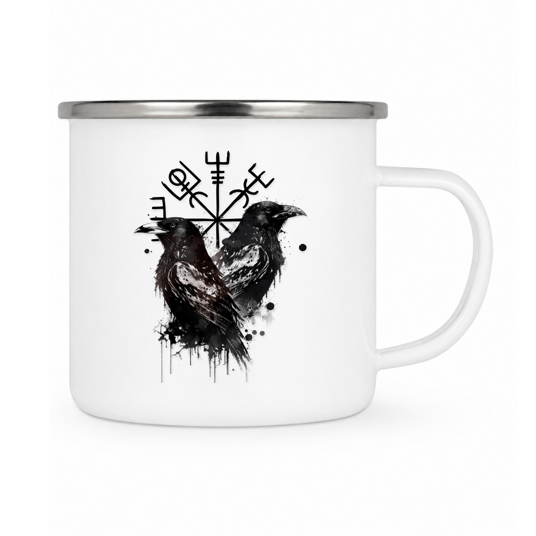 Emailletasse Weiß 12 oz – mit farbigem Rand - silber