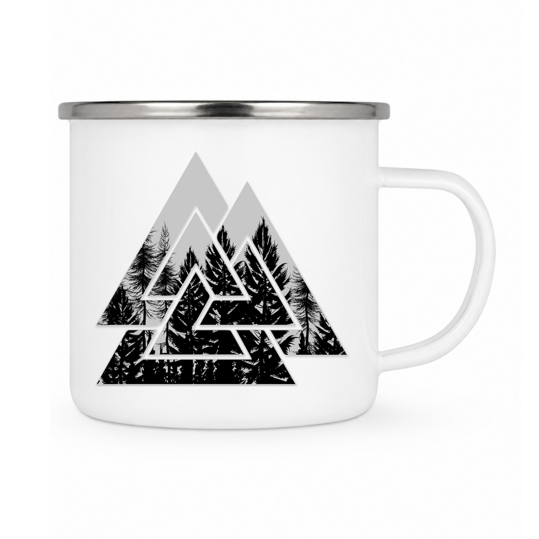 Valknut Nature - Keramiktasse Emailletasse Weiß 12 oz – mit farbigem Rand - silber