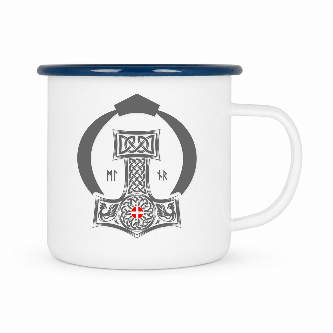 Mjölnir - Keramiktasse Emailletasse Weiß 12 oz – mit farbigem Rand - blau
