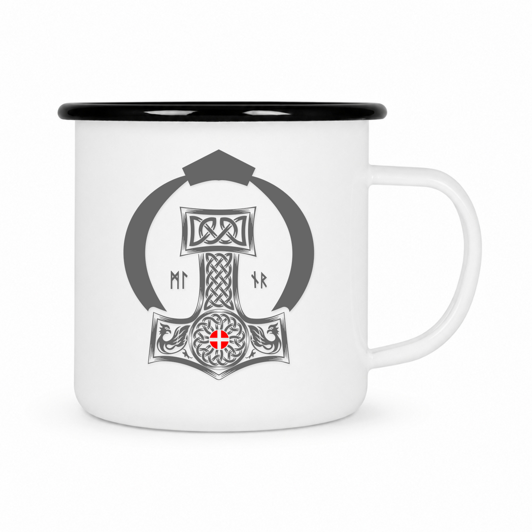 Mjölnir - Keramiktasse Emailletasse Weiß 12 oz – mit farbigem Rand - schwarz