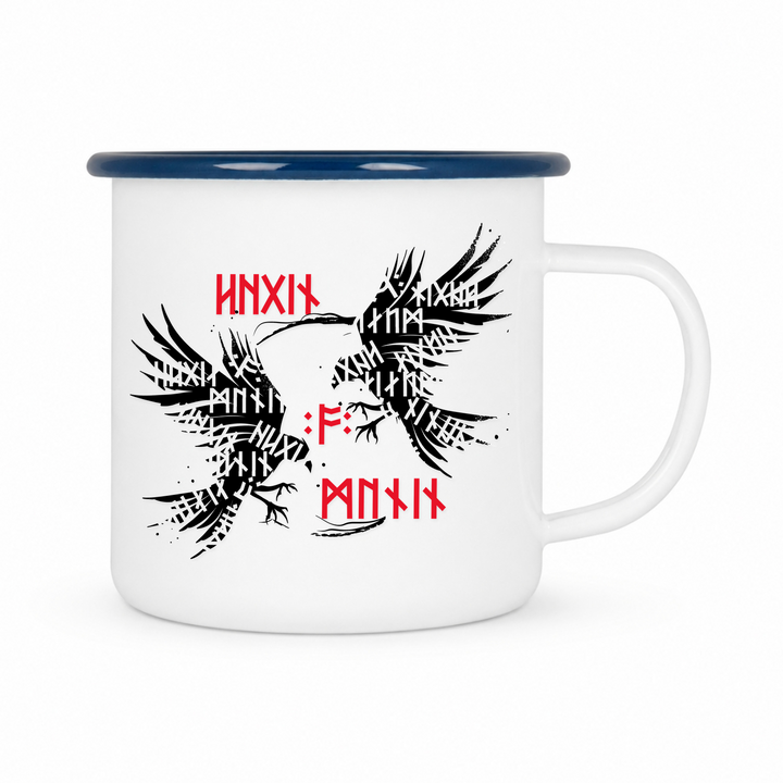 Munin & Hugin - Keramiktasse Emailletasse Weiß 12 oz – mit farbigem Rand - blau
