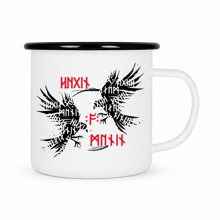Munin & Hugin - Keramiktasse Emailletasse Weiß 12 oz – mit farbigem Rand - schwarz
