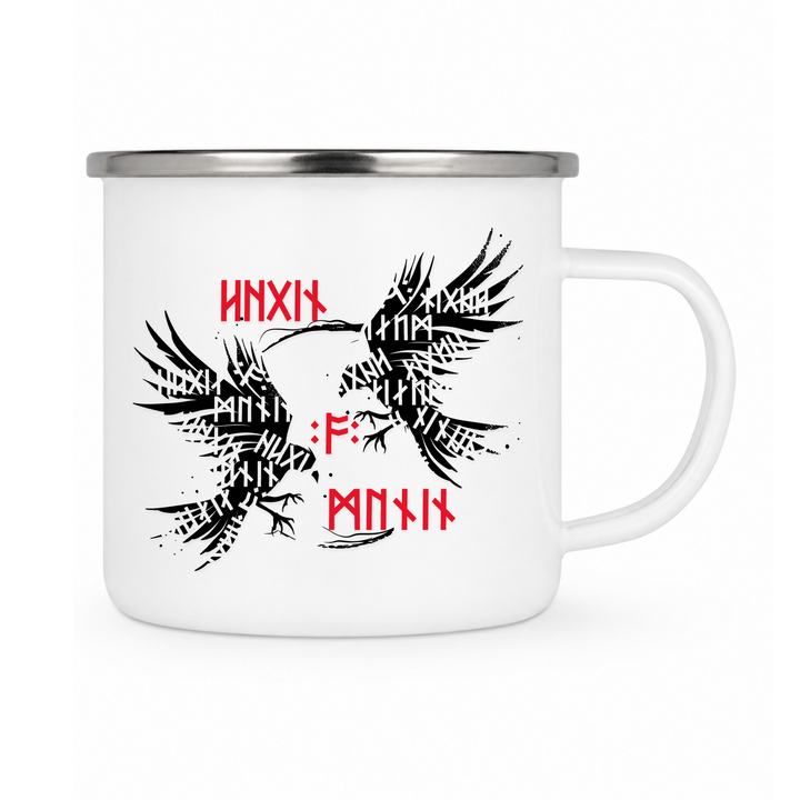 Munin & Hugin - Keramiktasse Emailletasse Weiß 12 oz – mit farbigem Rand - silber