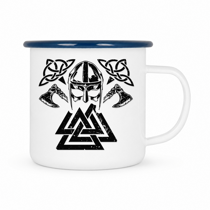 Wikinger Valknut - Keramiktasse Emailletasse Weiß 12 oz – mit farbigem Rand - blau