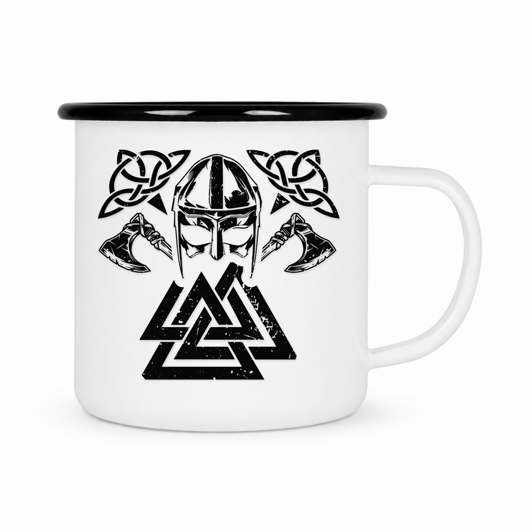 Wikinger Valknut - Keramiktasse Emailletasse Weiß 12 oz – mit farbigem Rand - schwarz