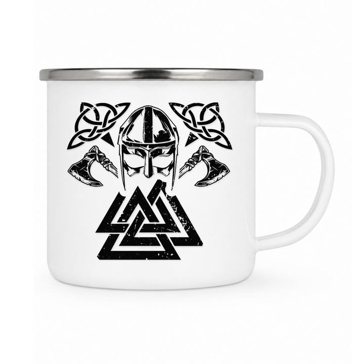 Wikinger Valknut - Keramiktasse Emailletasse Weiß 12 oz – mit farbigem Rand - silber