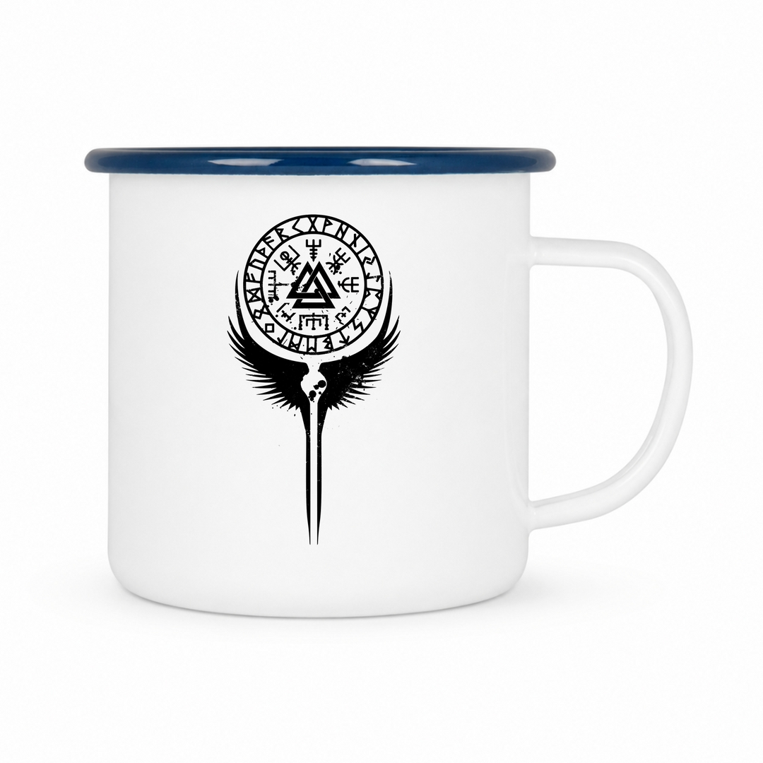 Walküre Flügel - Keramiktasse Emailletasse Weiß 12 oz – mit farbigem Rand - blau