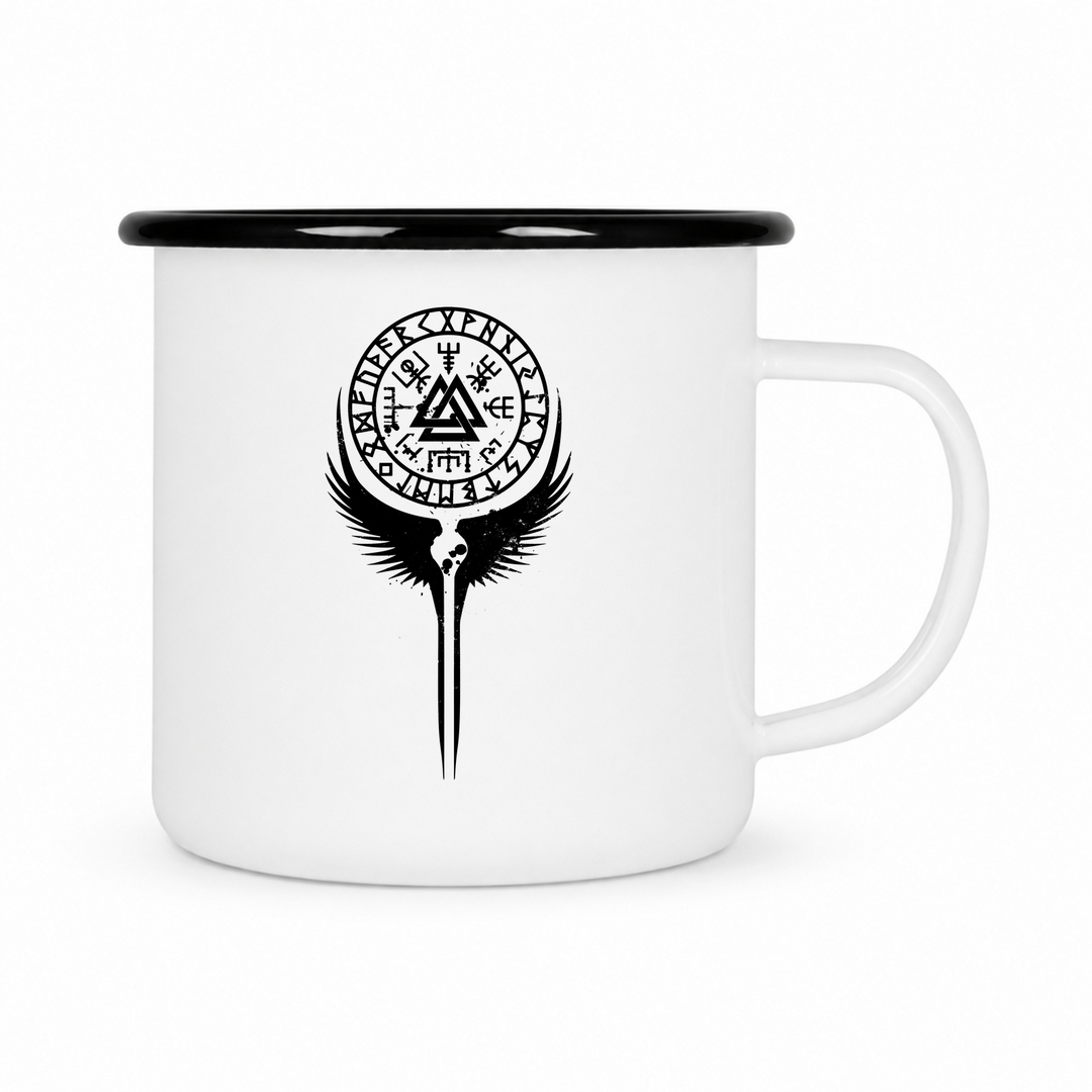 Walküre Flügel - Keramiktasse Emailletasse Weiß 12 oz – mit farbigem Rand - schwarz