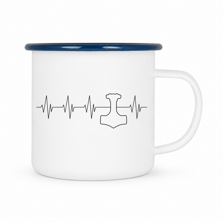 Puls Mjölnir - Keramiktasse Emailletasse Weiß 12 oz – mit farbigem Rand - blau
