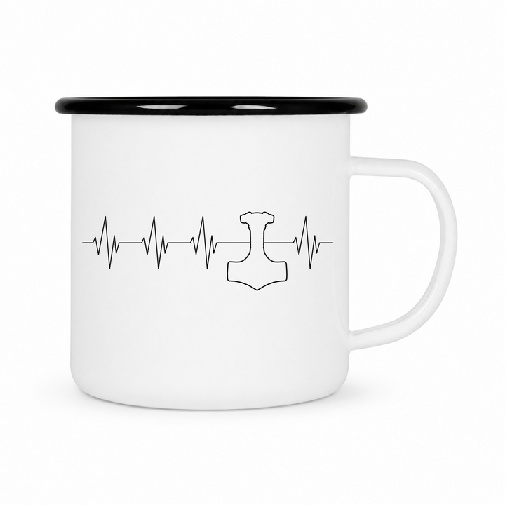 Puls Mjölnir - Keramiktasse Emailletasse Weiß 12 oz – mit farbigem Rand - schwarz