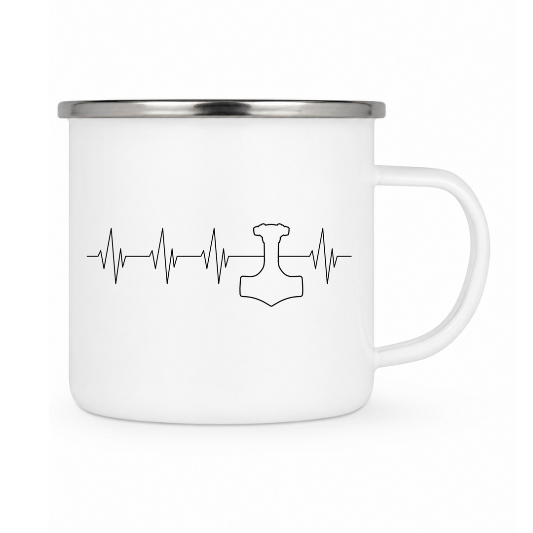 Puls Mjölnir - Keramiktasse Emailletasse Weiß 12 oz – mit farbigem Rand - silber