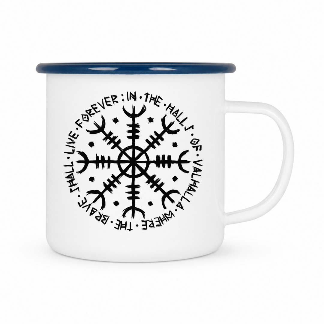 Vegvisir - Keramiktasse Emailletasse Weiß 12 oz – mit farbigem Rand - blau