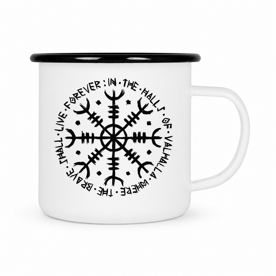 Vegvisir - Keramiktasse Emailletasse Weiß 12 oz – mit farbigem Rand - schwarz