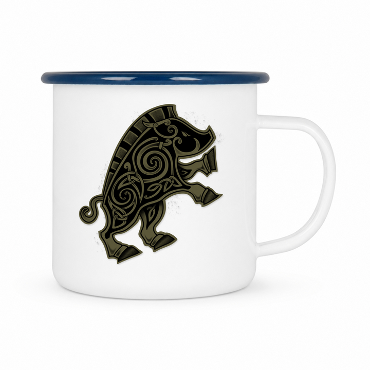 Hildisvini - Keramiktasse Emailletasse Weiß 12 oz – mit farbigem Rand - blau