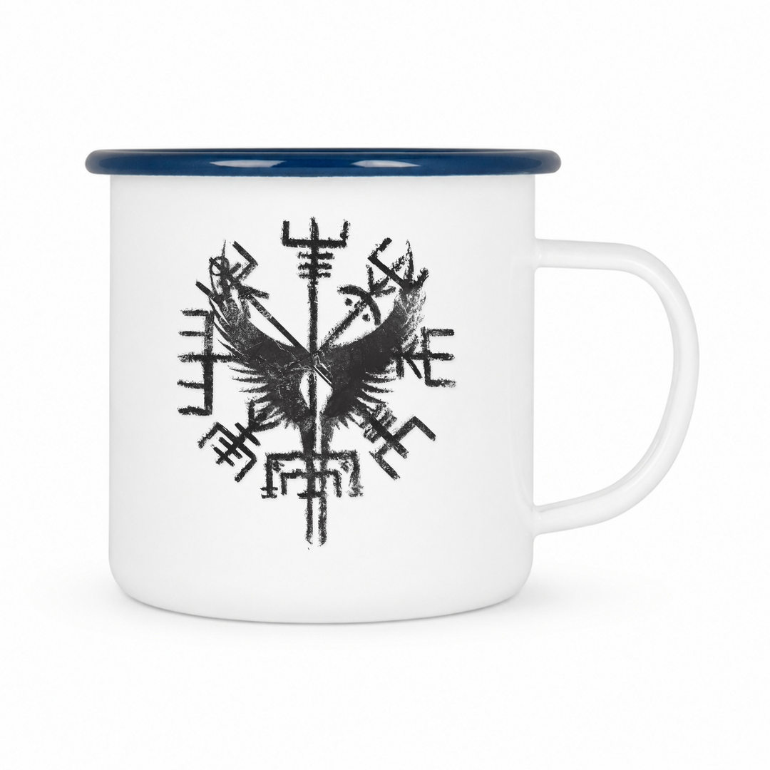 Walküre Vegvisr - Keramiktasse Emailletasse Weiß 12 oz – mit farbigem Rand - blau