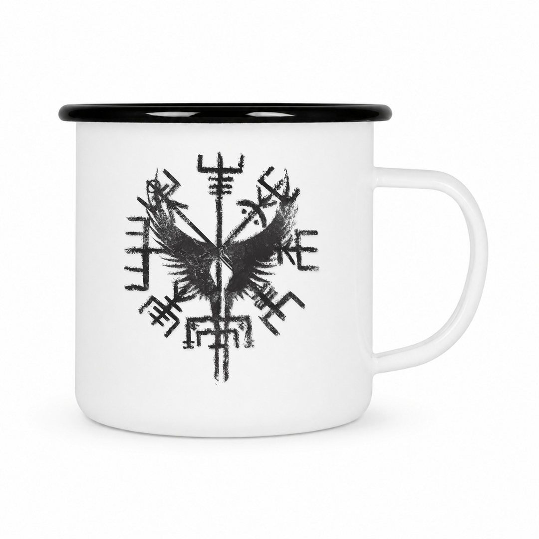Walküre Vegvisr - Keramiktasse Emailletasse Weiß 12 oz – mit farbigem Rand - schwarz