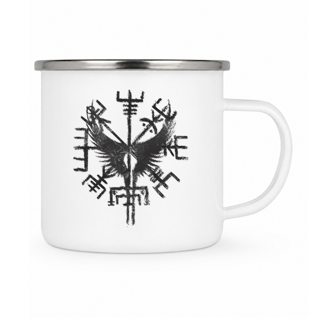 Walküre Vegvisr - Keramiktasse Emailletasse Weiß 12 oz – mit farbigem Rand - silber