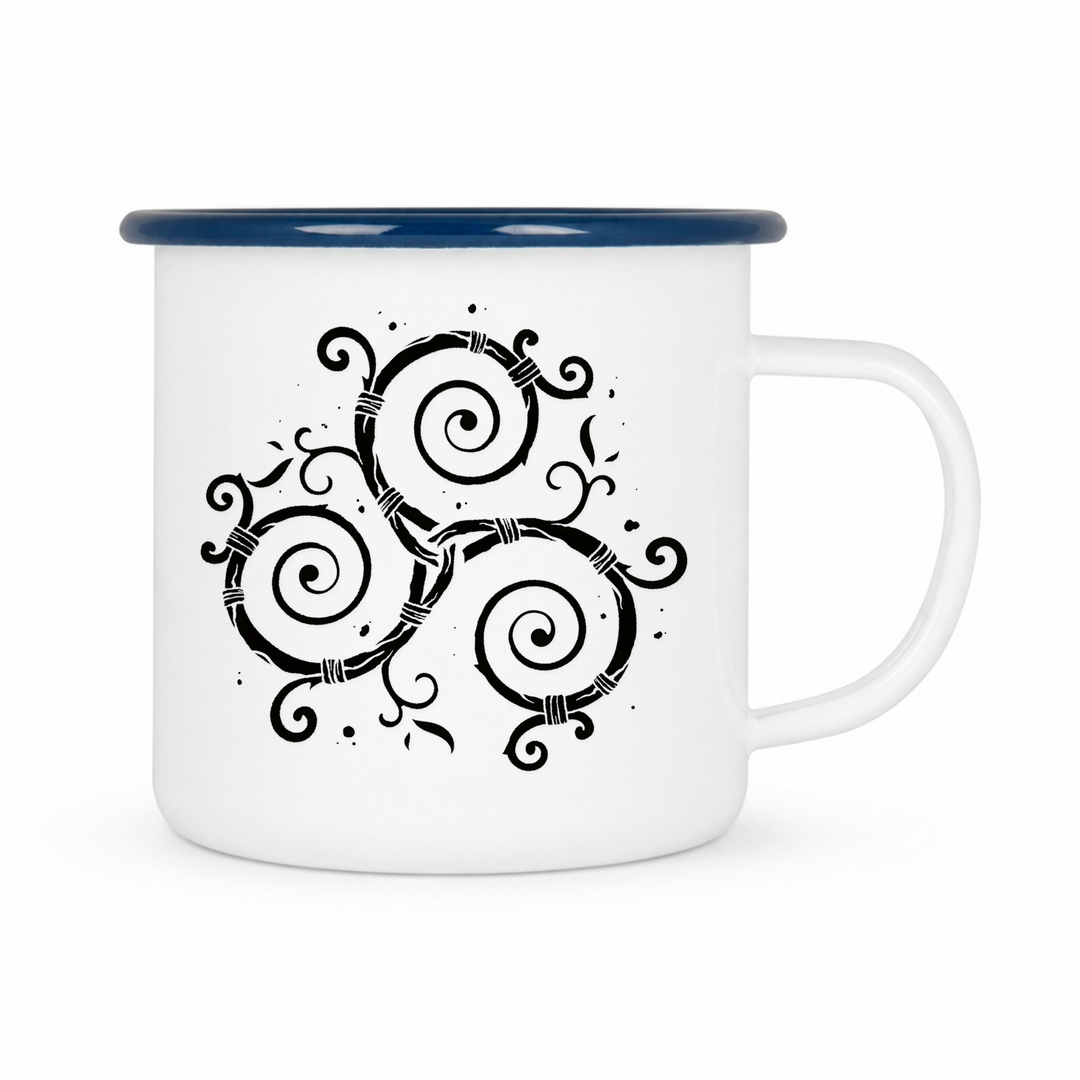 Triskel - Keramiktasse Emailletasse Weiß 12 oz – mit farbigem Rand - blau